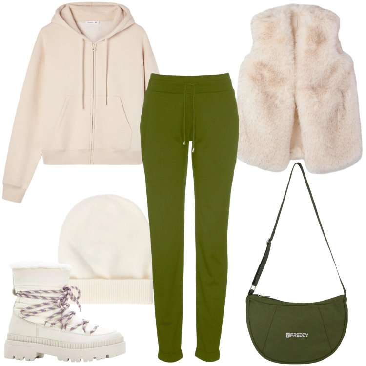 Outfit donna - Total look #2320314. Stile Urban per Tutti i giorni. Abbinamento con stivali da neve, pantaloni, piumini, felpe con cappuccio, borse a spalla, berretti.