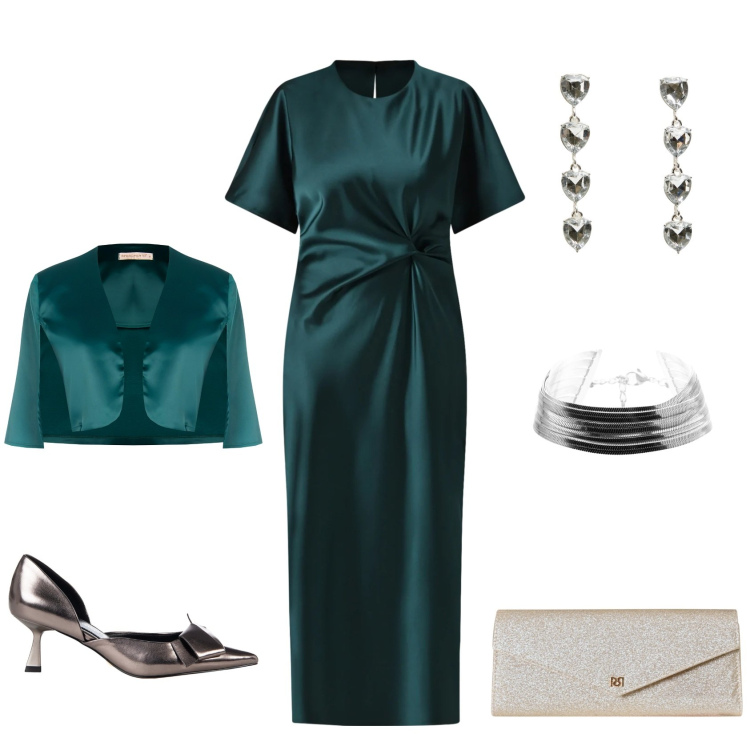 Outfit donna - Green diamond. Stile Glamour per Serata fuori. Abbinamento con orecchini, braccialetti, vestiti midi/longuette, décolleté, bolero, pochette.