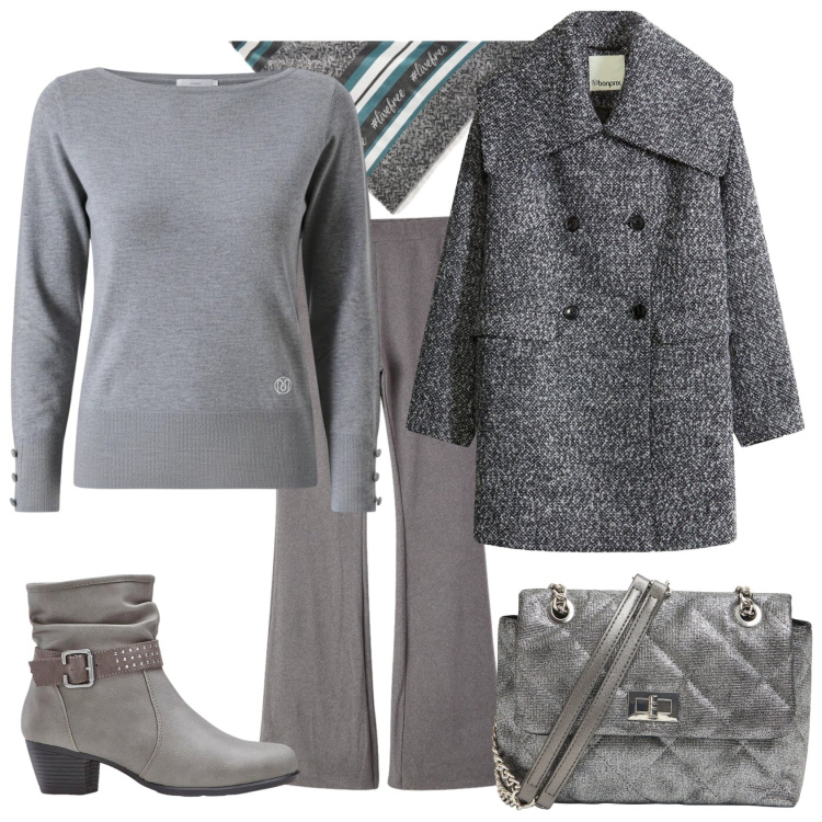 Outfit donna - Total look #2320320. Stile Casual chic per Ufficio. Abbinamento con cappotti, stivaletti, pantaloni, borse a tracolla, maglieria, foulard.