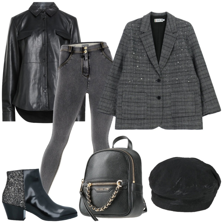 Outfit donna - Minimal in ufficio. Stile Casual chic per Tutti i giorni. Abbinamento con stivaletti, zaini, cappelli e berretti, camicie, blazer, jeggings.