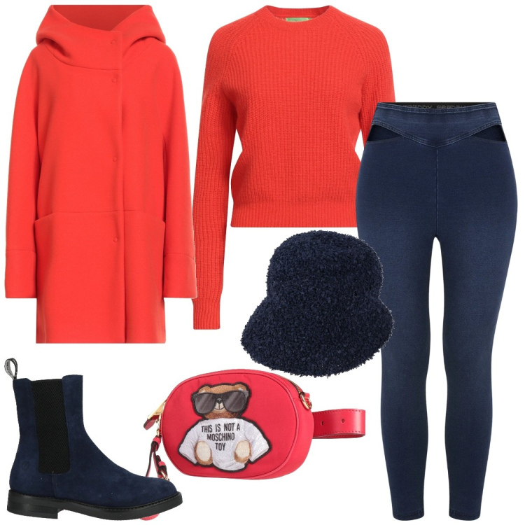 Outfit donna - Minimal rosso e blu. Stile Casual chic per Tutti i giorni. Abbinamento con cappotti, marsupi, stivaletti chelsea, pullovers, cappelli, jeggings.