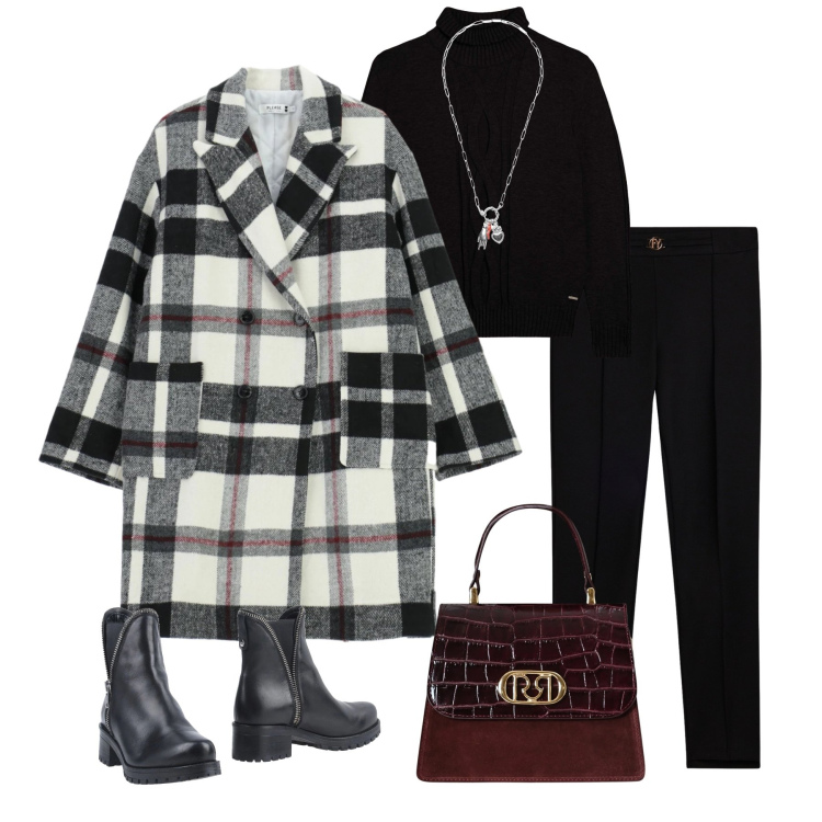 Outfit donna - Tartan Structure. Stile Urban per Tutti i giorni. Abbinamento con stivaletti, cappotti, pantaloni, maglieria, ciondoli, borse a mano.
