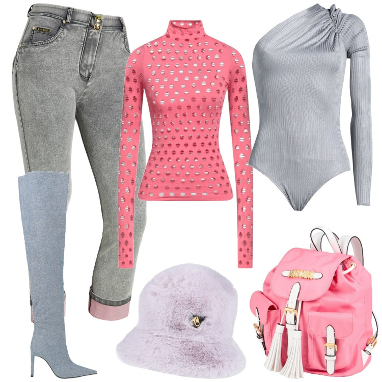 Outfit donna - Al centro commerciale. Stile Casual chic per Tutti i giorni. Abbinamento con body, cappelli, stivali sopra il ginocchio, t-shirt, zaini, jeans dritti.
