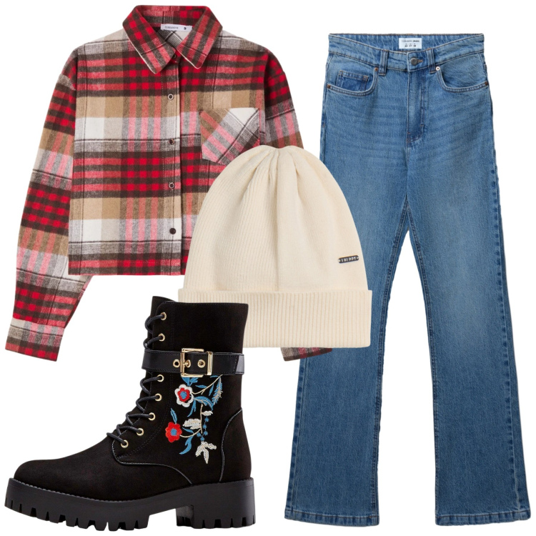 Outfit donna - Boscaiola chic!. Stile Casual chic per Tutti i giorni. look ideale per Tall. Abbinamento con stivali, camicie, jeans bootcut, berretti.