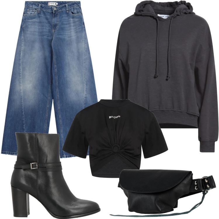 Outfit donna - Mio Stile. per Serata fuori. Abbinamento con felpe con cappuccio, marsupi, t-shirt, stivaletti, jeans.