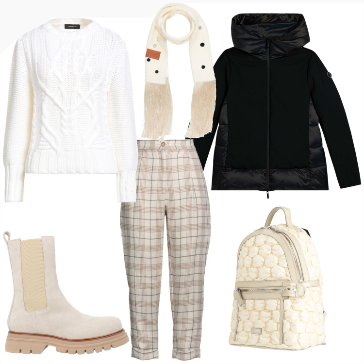 Outfit donna - Rientro in ufficio comoda e con stile. Stile Casual chic per Tutti i giorni. Abbinamento con stivaletti, zaini, pullovers, pantaloni, sciarpe, piumini.