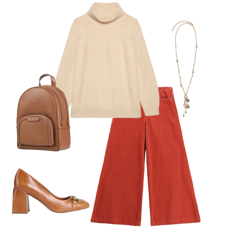 Outfit donna - Rust Velvet. Stile Urban per Tutti i giorni. Abbinamento con zaini, décolleté, pantaloni, maglieria, ciondoli.