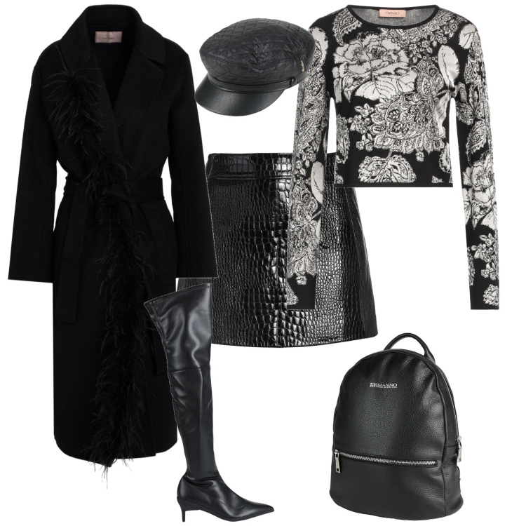Outfit donna - Chic rock nero e bianco. Stile Chic per Serata fuori. Abbinamento con cappotti, cappelli con visiera, minigonne, zaini, pullovers, stivali sopra il ginocchio.