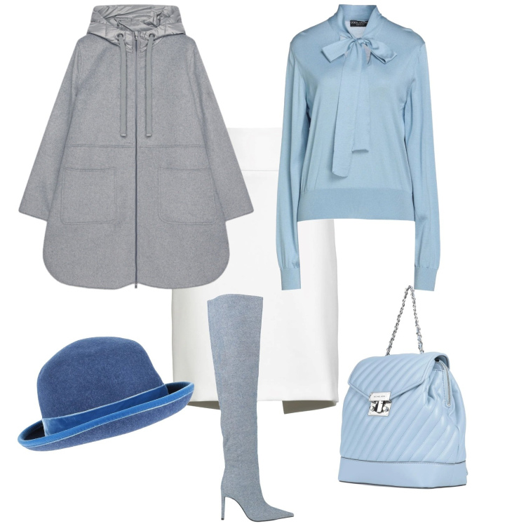 Outfit donna - Casual chic in città. Stile Casual chic per Tutti i giorni. Abbinamento con pullovers, zaini, minigonne, stivali sopra il ginocchio, cappelli, cappotti.