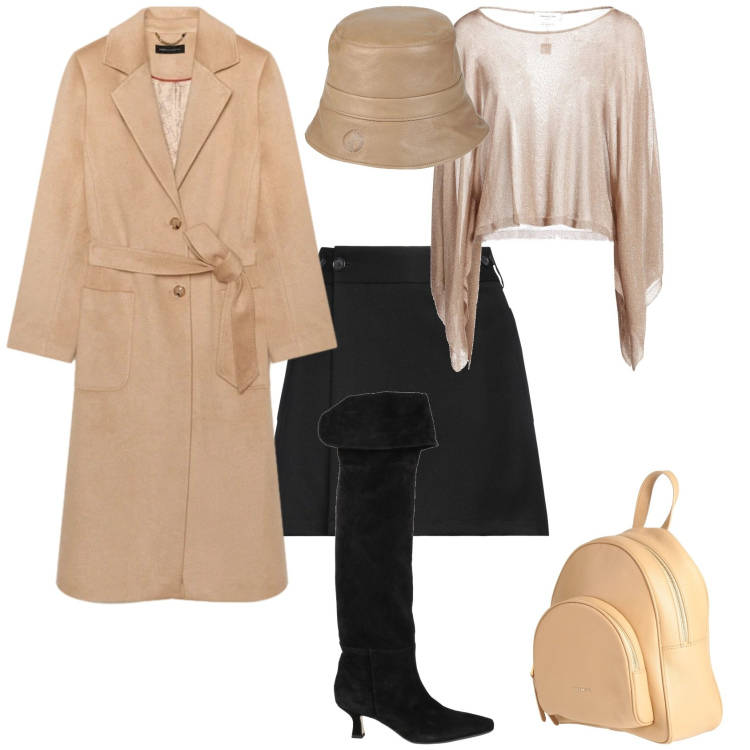 Outfit donna - Casual chic a passeggio in città. Stile Casual chic per Tutti i giorni. Abbinamento con stivali, pullovers, cappelli, zaini, minigonne, cappotti.