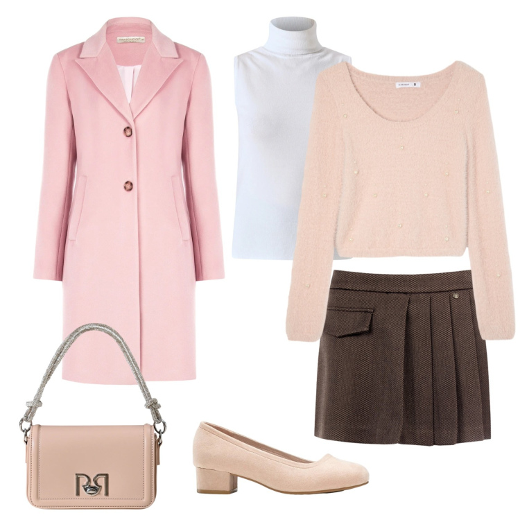 Outfit donna - Total look #2320356. Stile Casual chic per Ufficio. Abbinamento con décolleté, maglieria, cappotti, maglieria, minigonne, borse a mano.