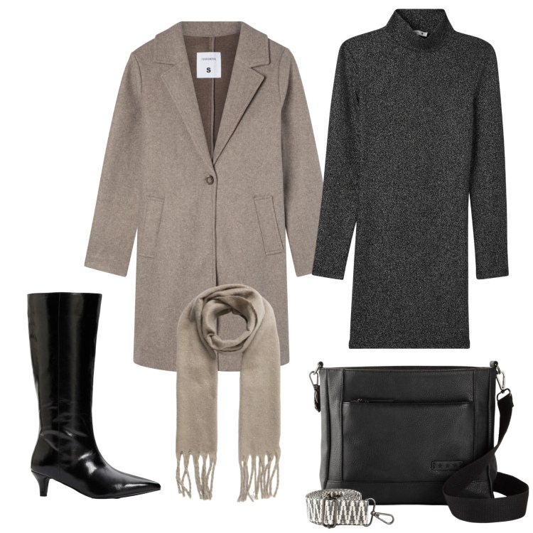 Outfit donna - Total look #2320360. Stile Casual chic per Tutti i giorni. Abbinamento con stivali, borse a tracolla, cappotti, vestiti corti, sciarpe.