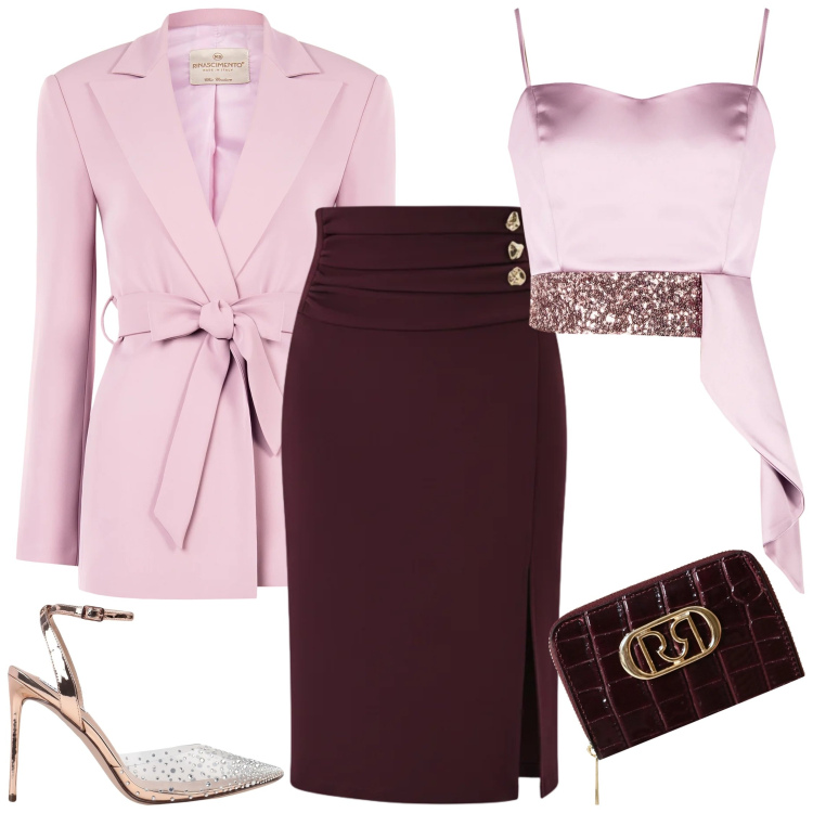 Outfit donna - Pink is good. Stile Chic per Serata fuori. Abbinamento con décolleté, top, gonne longuette, blazer, portafogli.