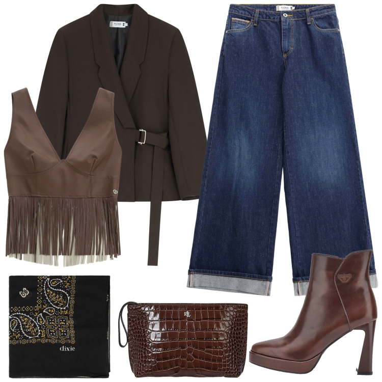 Outfit donna - Marron Glacé. Stile Casual per Tutti i giorni. Abbinamento con foulard, jeans, top, blazer, pochette, stivaletti.