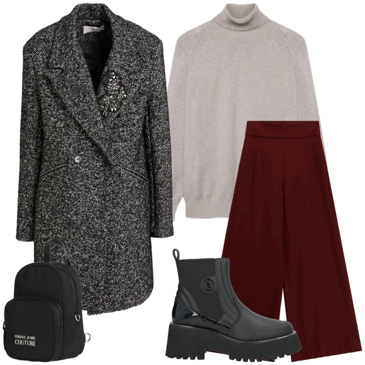 Outfit donna - Contemporanea. Stile Basic per Tutti i giorni. Abbinamento con cappotti, zaini, stivaletti, pantaloni a palazzo, maglieria.