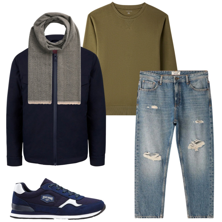 Outfit uomo - Total look #2320374. Stile Casual per Tutti i giorni. Abbinamento con sneakers, felpe, sciarpe, jeans strappati, piumini.