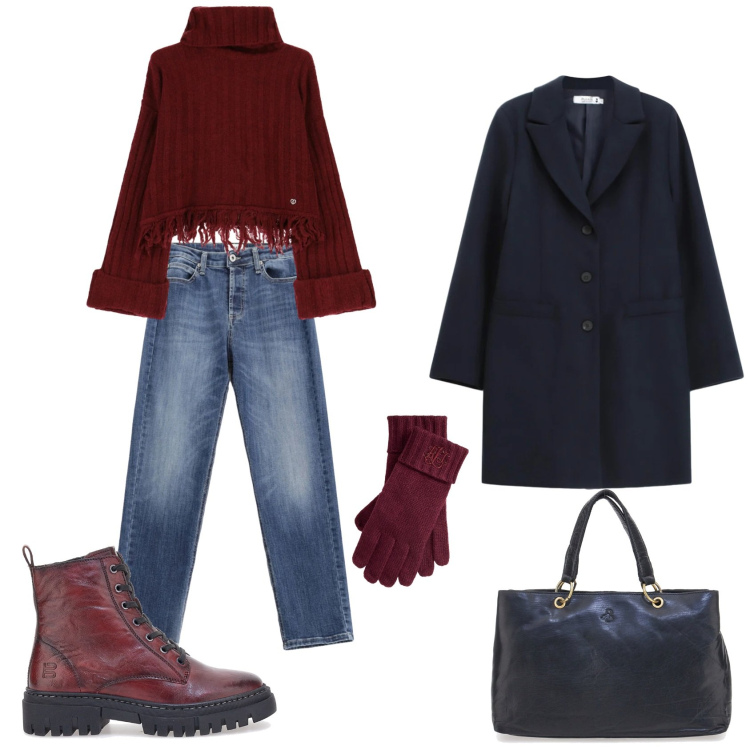 Outfit donna - Winter curvy. Stile Minimal per Tutti i giorni. Abbinamento con jeans, cappotti, maglieria, guanti, anfibi, borse a mano.