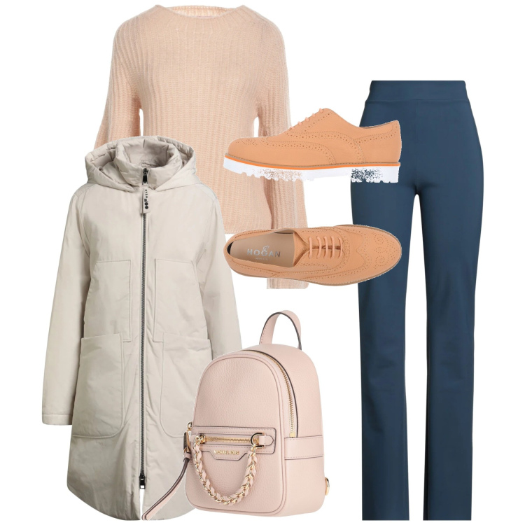 Outfit donna - Minimal Cozy Mood. Stile Bon Ton per Tutti i giorni. Abbinamento con parka, leggings, scarpe stringate, zaini, pullovers.