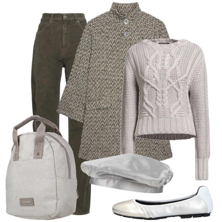 Outfit donna - Un sabato in città. Stile Minimal per Tutti i giorni. Abbinamento con pantaloni, pullovers, cappelli e berretti, ballerine, zaini, cappotti.