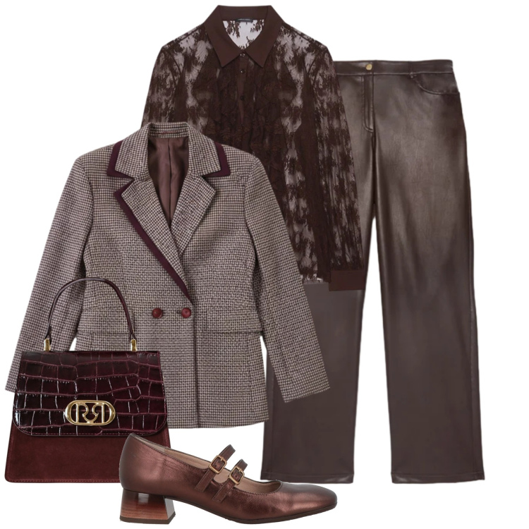 Outfit donna - Calde sfumature. Stile Bon Ton per Serata fuori. Abbinamento con décolleté, borse a mano, blazer, camicie, pantaloni chino.