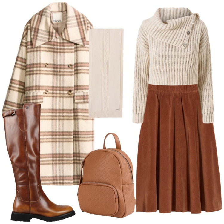 Outfit donna - Total look #2320401. Stile Casual per Tutti i giorni. Abbinamento con cappotti, gonne, stivali, zaini, maglieria, sciarpe.