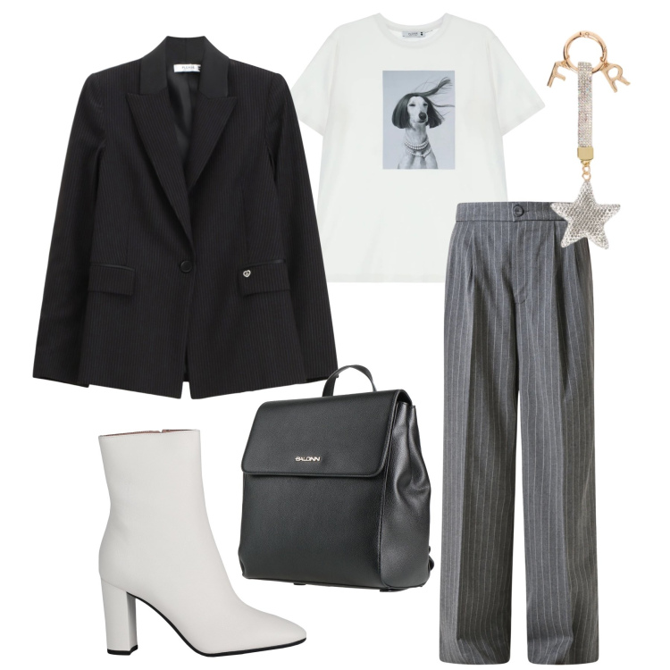 Outfit donna - Urban Contrast. Stile Urban per Tutti i giorni. Abbinamento con stivaletti, zaini, t-shirt, blazer, pantaloni, portachiavi.