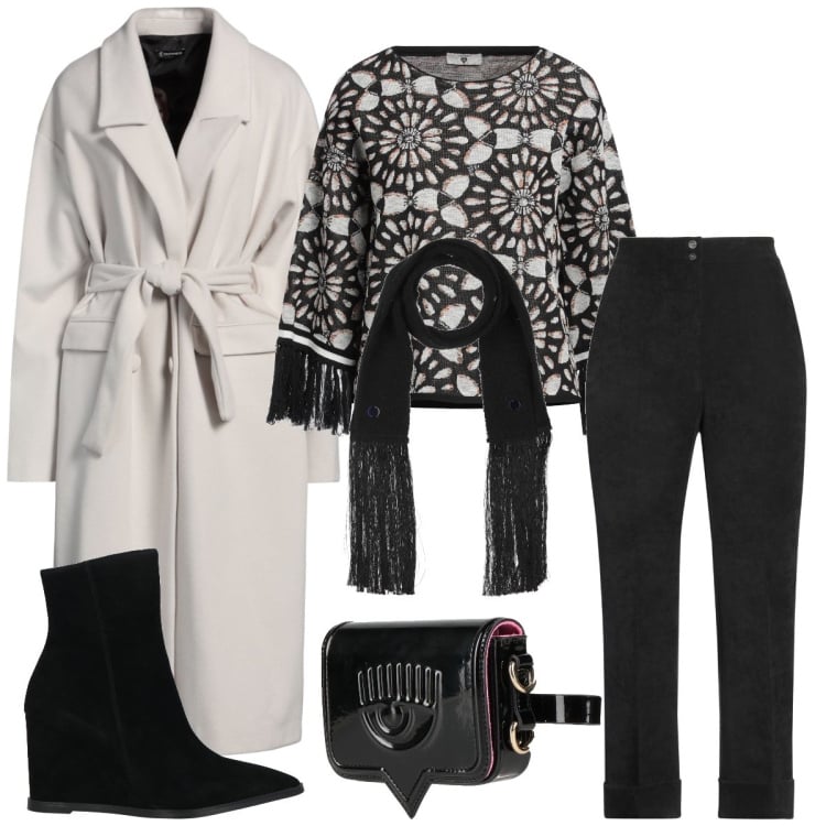 Outfit donna - Total look #2320406. Stile Casual chic per Serata fuori. Abbinamento con pullovers, cappotti, pantaloni, sciarpe, marsupi, stivaletti.