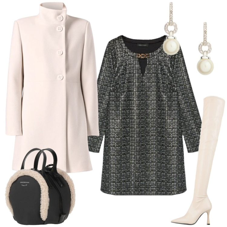 Outfit donna - Passeggiata elegante. Stile Glamour per Tutti i giorni. Abbinamento con zaini, stivali sopra il ginocchio, orecchini, cappotti, vestiti corti.