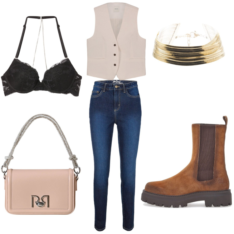 Outfit donna - Only Day. Stile Casual per Tutti i giorni. Abbinamento con jeans skinny, reggiseni push-up, braccialetti, borse a mano, stivaletti chelsea, gilet.