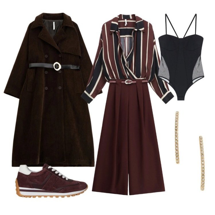 Outfit donna - Total look #2320428. Abbinamento con cappotti, camicie, pantaloni a palazzo, body, orecchini, sneakers.