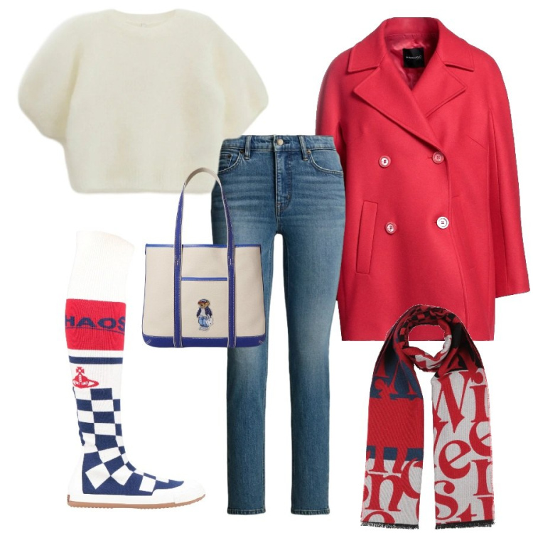 Outfit donna - Total look #2320431. per Scuola/Università. Abbinamento con caban, sciarpe, stivali, t-shirt, jeans dritti, borse tote.