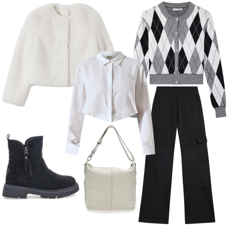 Outfit donna - Il maglione a scacchi di tendenza. Stile Trendy per Tutti i giorni. Abbinamento con cardigans, pantaloni cargo, ecopellicce, camicie, borse a spalla, stivaletti.