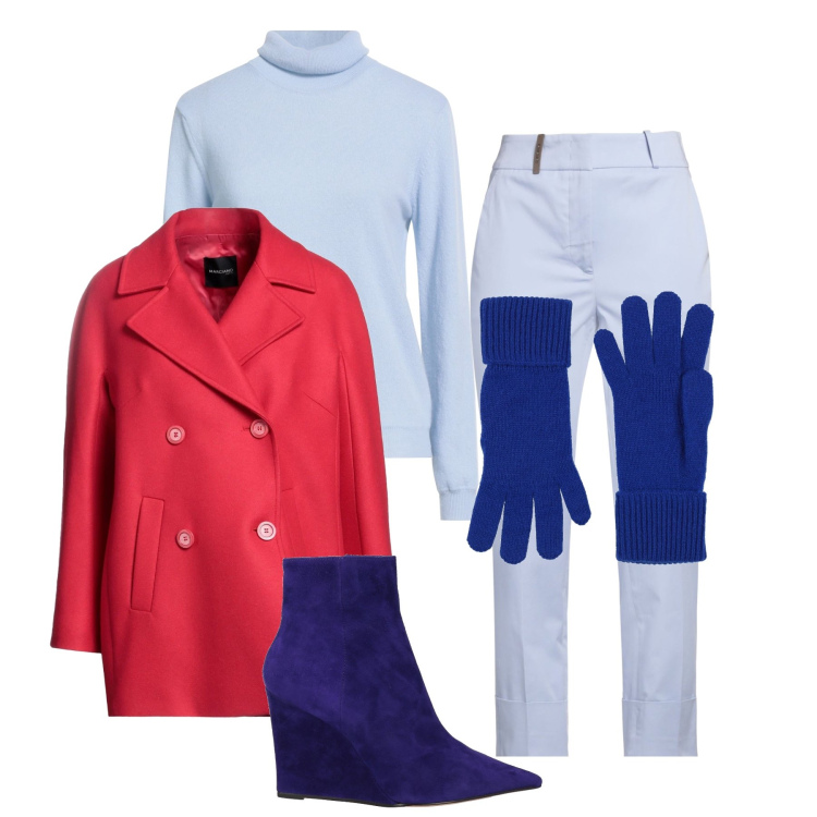 Outfit donna - Azzurro ghiaccio. Stile Sporty chic Abbinamento con caban, stivaletti, maglieria, guanti, pantaloni.