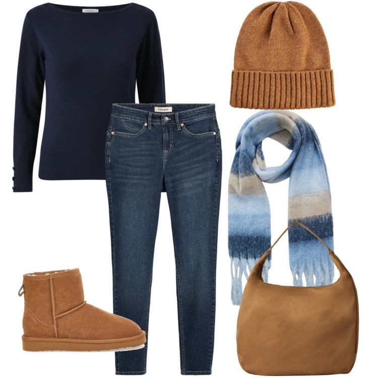 Outfit donna - Pratica e comoda. Stile Casual per Scuola/Università. Abbinamento con jeans skinny, berretti, borse a mano, sciarpe, pullovers, stivaletti.