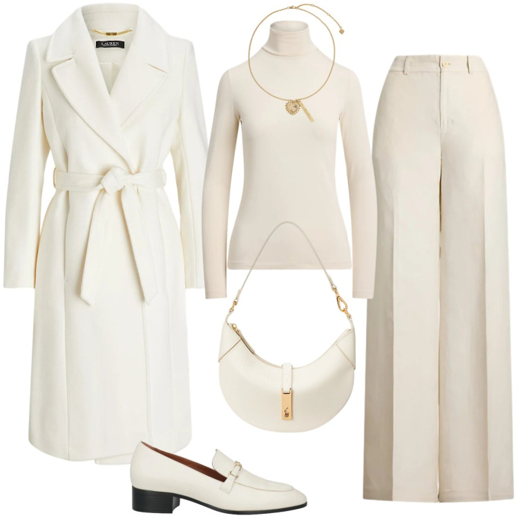 Outfit donna - Bianco candore. Stile Casual chic per Tutti i giorni. Abbinamento con mocassini, borse a spalla, maglieria, ciondoli, pantaloni, cappotti.