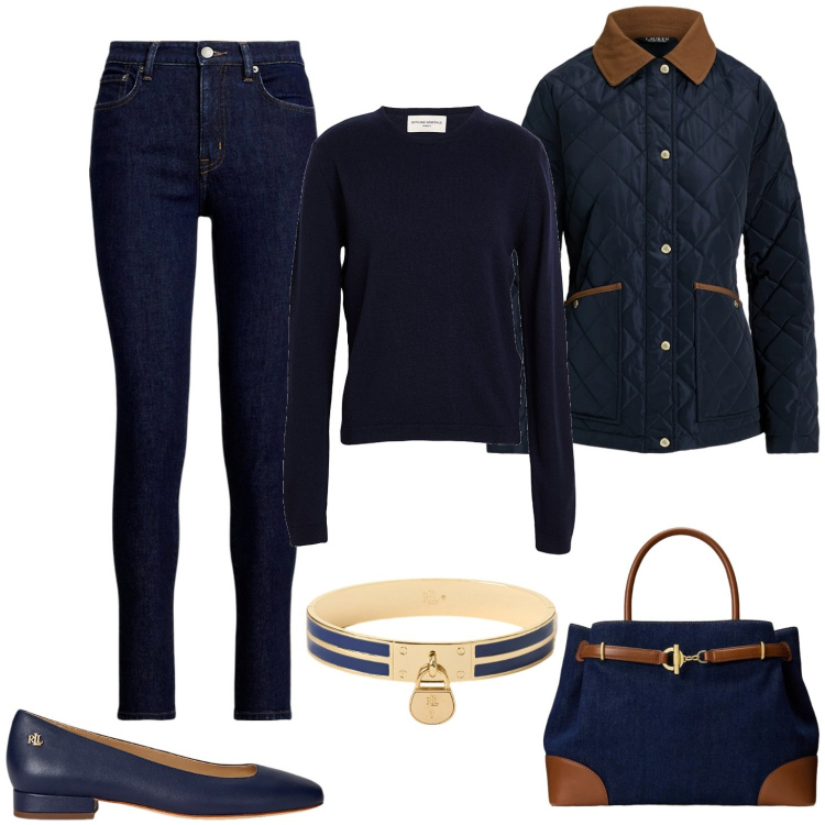 Outfit donna - In blu. Stile Casual per Tutti i giorni. Abbinamento con pullovers, giacche, jeans skinny, ballerine, borse a mano, braccialetti con ciondoli.