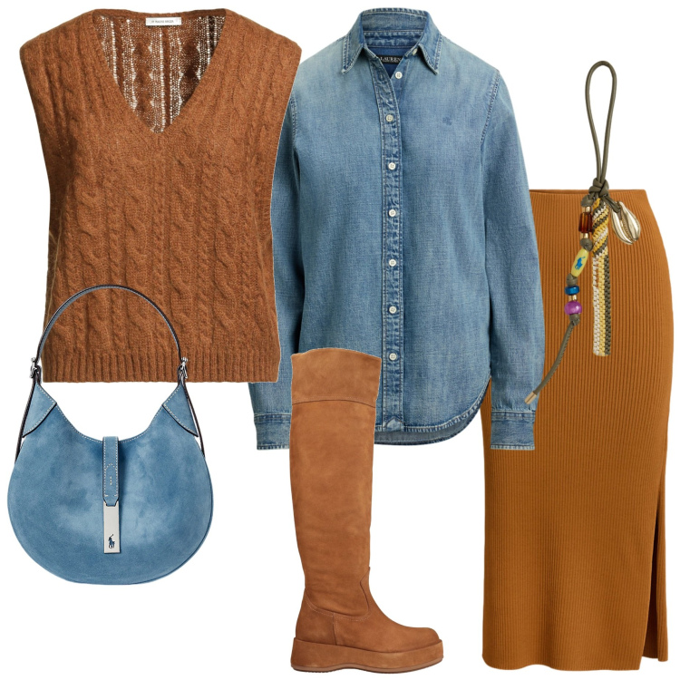 Outfit donna - Stivali al ginocchio. Stile Sporty chic per Ufficio. Abbinamento con stivali, pullovers, camicie, braccialetti, gonne, borse a spalla.