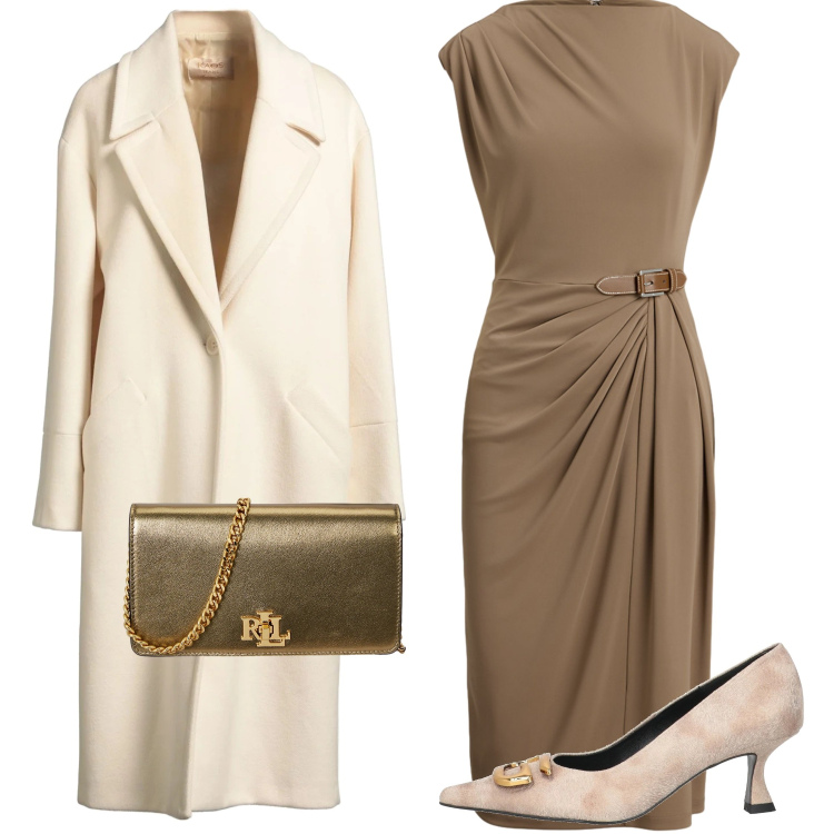 Outfit donna - Focus cappotto. Stile Chic per Ufficio. Abbinamento con décolleté, cappotti, borse a mano, vestiti.