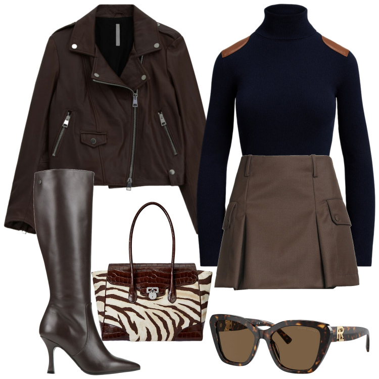 Outfit donna - Total look. Stile Trendy per Tutti i giorni. Abbinamento con stivali, minigonne, giacche, occhiali da sole, borse a mano, maglieria.