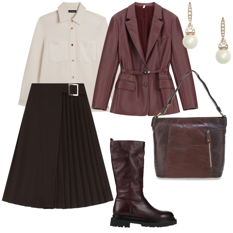 Outfit donna - Gennaio. per Tutti i giorni. Abbinamento con stivali, blazer, gonne longuette, camicie, orecchini, borse a spalla.