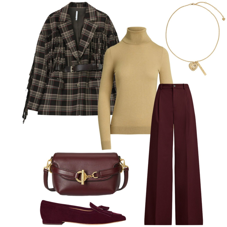 Outfit donna - Total look #2320474. Stile Minimal per Ufficio. Abbinamento con blazer, pantaloni, ballerine, maglieria, borse a tracolla, ciondoli.