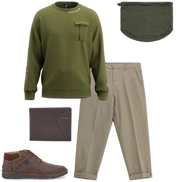 Outfit uomo - Total look #2320476. Stile Urban per Tutti i giorni. Abbinamento con scaldacollo, pantaloni chino, portafogli, scarpe stringate, felpe.