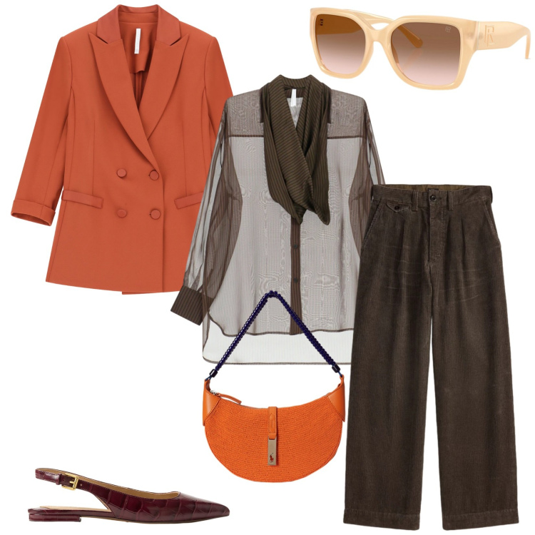 Outfit donna - Total look #2320477. Stile Chic per Cerimonia. Abbinamento con camicie, blazer, occhiali da sole, ballerine, borse a spalla, pantaloni.