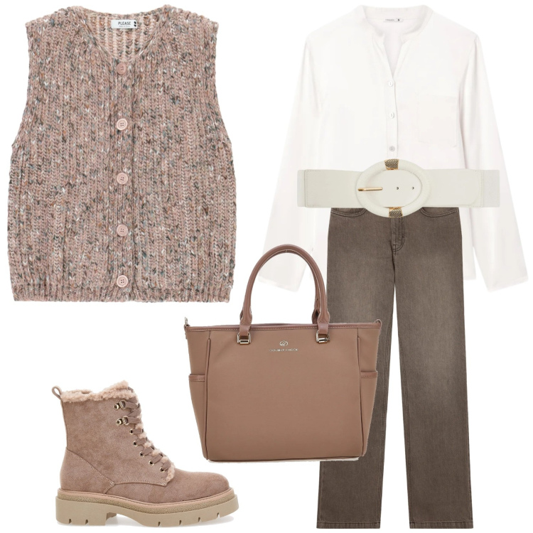 Outfit donna - Il Gilet morbido. Stile Casual per Tutti i giorni. Abbinamento con jeans bootcut, cinture, camicie, gilet, borse a tracolla, anfibi.