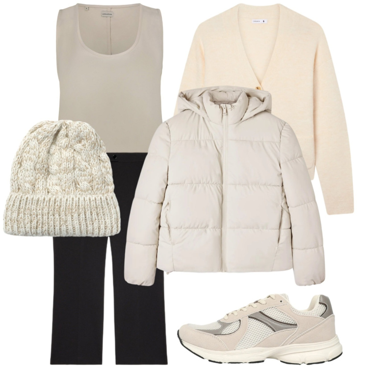 Outfit donna - Basic gennaio. Stile Minimal per Tutti i giorni. Abbinamento con bomber, sneakers, berretti, cardigans, pantaloni, top.