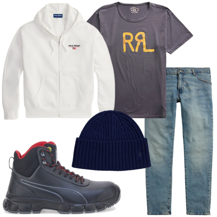 Outfit uomo - Total look #2320488. Stile Urban per Tutti i giorni. Abbinamento con t-shirt, jeans, felpe con cappuccio, berretti, stivali e stivaletti.