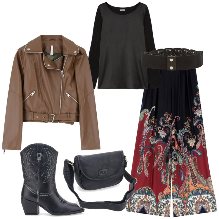 Outfit donna - Total look #2320490. Stile Boho per Tutti i giorni. Abbinamento con cinture, giacche, pantaloni a palazzo, stivaletti, borse a tracolla, bluse.