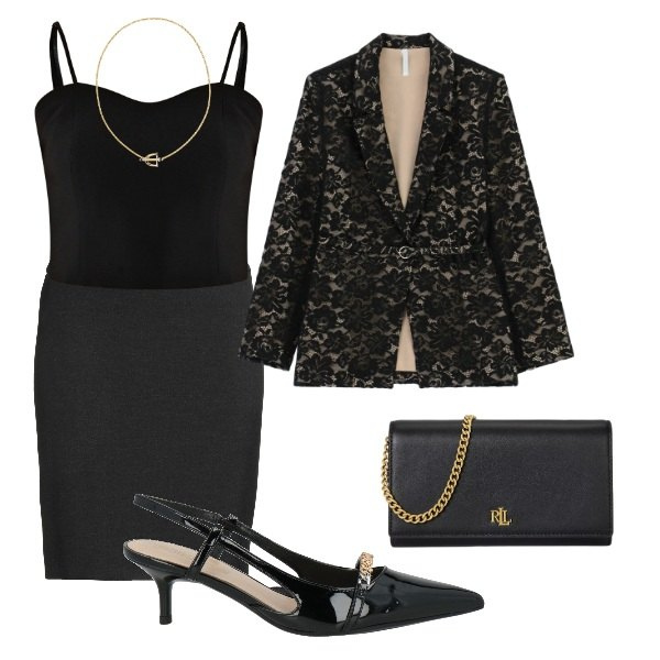 Outfit donna - serata con lui. Stile Sexy per Serata fuori. Abbinamento con décolleté, minigonne, blazer, borse a tracolla, ciondoli, top.