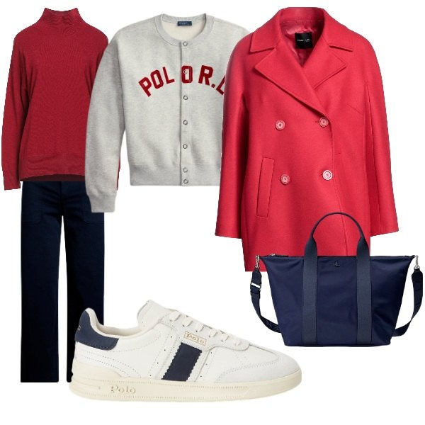 Outfit donna - polo sport. Stile Sporty chic per Tutti i giorni. Abbinamento con caban, maglieria, sneakers, borse tote, pantaloni, cardigans.