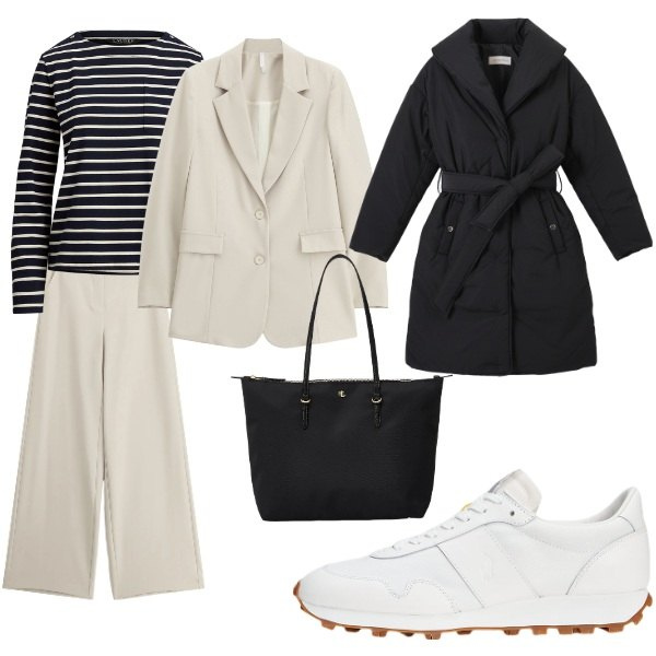 Outfit donna - all\'aeroporto. Stile Casual chic per Tutti i giorni. Abbinamento con blazer, pantaloni a palazzo, borse tote, sneakers, maglieria, piumini.